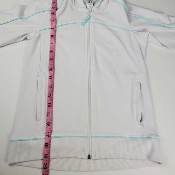 Athleta Girl White and Blue Zip Up Hooded Jacket With Thumbholes Medium 8-10 - Picture 10 of 11